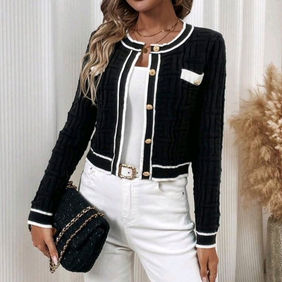 New Luxe Textured Knit Contrast Trim Button Cardigan Sweater Black White - Picture 2 of 6